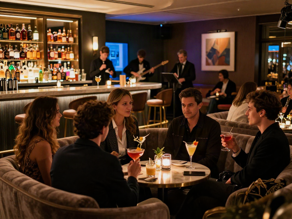 Adults enjoying high-end cocktails in a luxury lounge setting, exploring 18+ ai entertainment culture.
