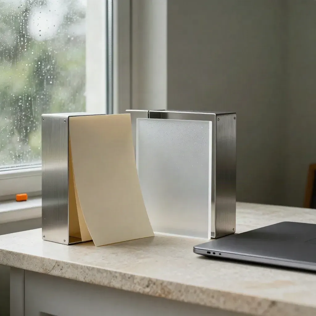 Brushed aluminium blocks, cream maquettes, frosted acrylic and a closed graphite laptop by window light.