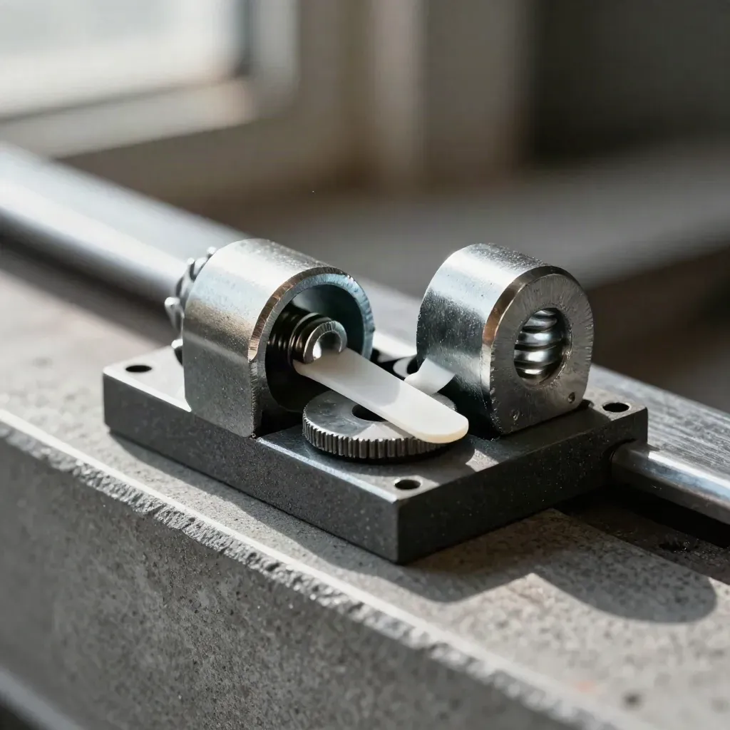 Macro of steel rail clips, graphite spacer block and washer on a dark neutral surface.