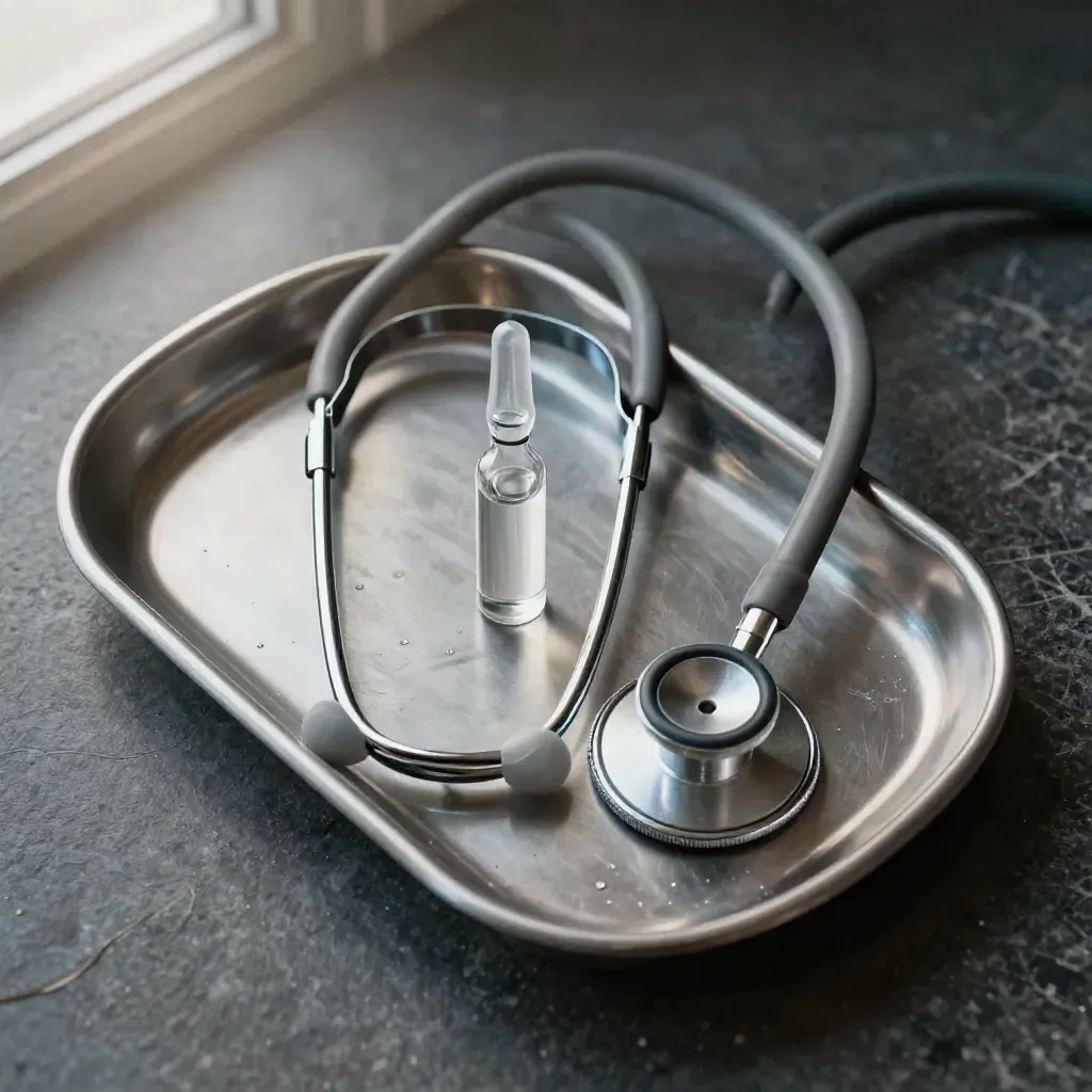 Stethoscope loop, sealed ampoule, and steel tray on dark stone with cool blue accent.