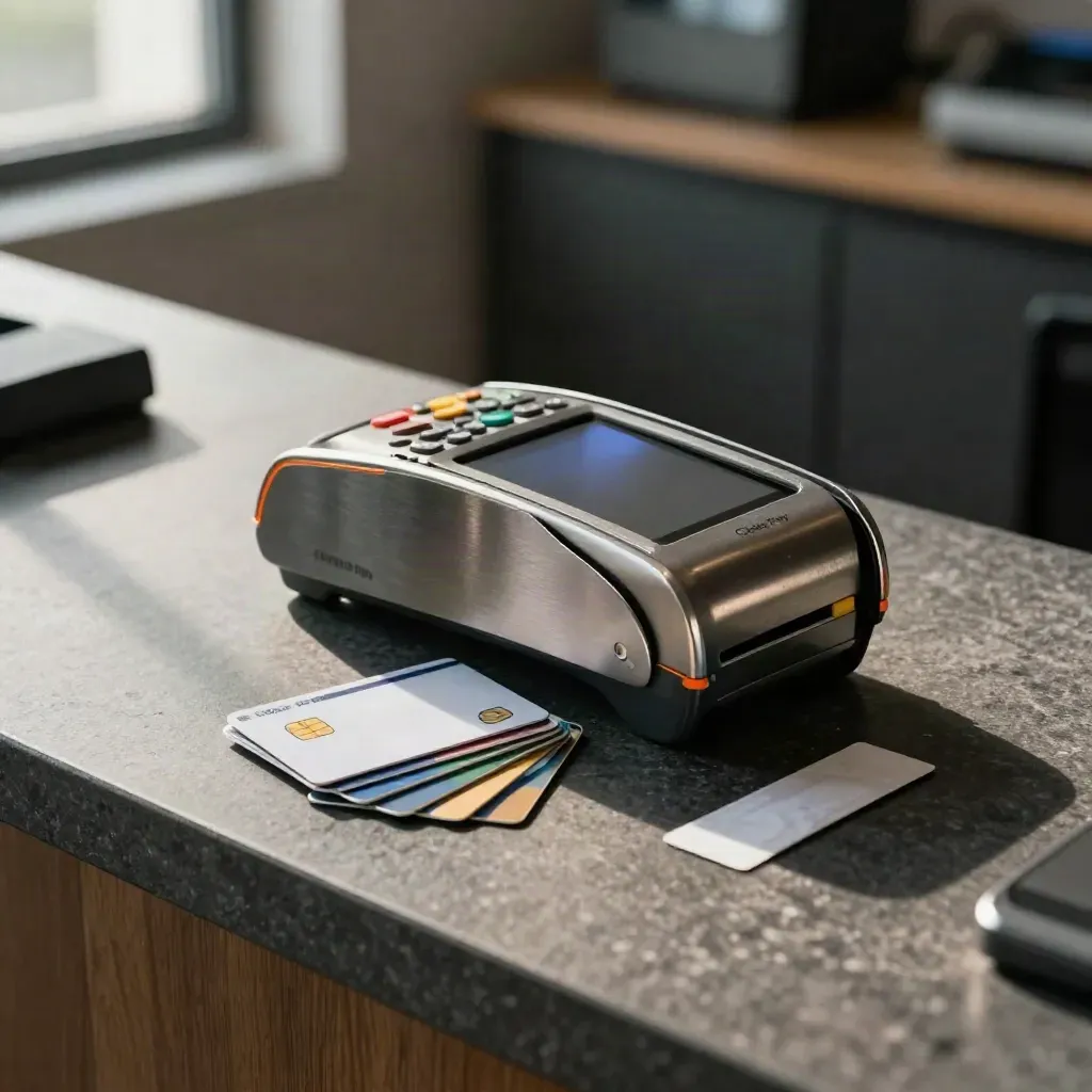 Brushed metal payment terminal shell with face-down cards and seals on a graphite stone bench