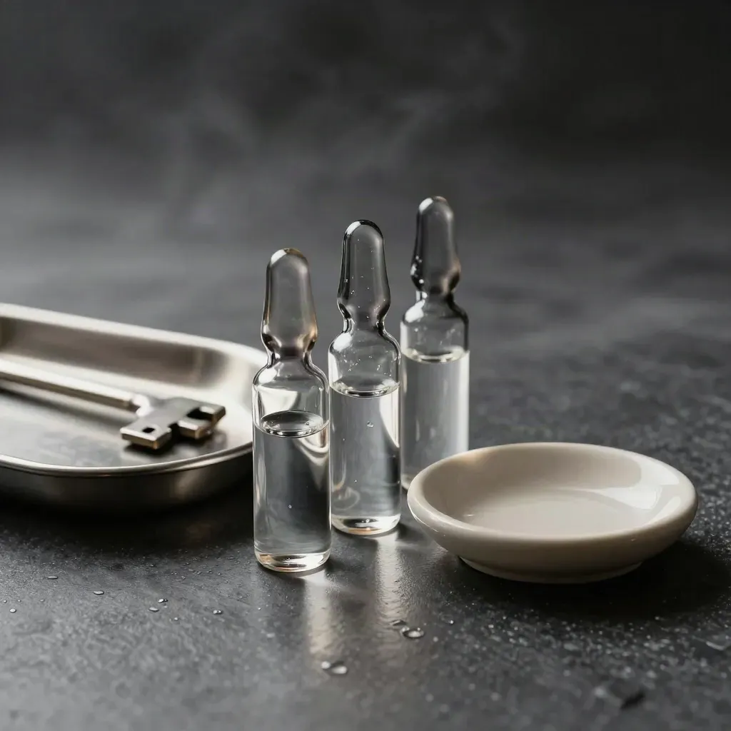 Three lab vials beside a steel tray and ceramic dish on dark stone