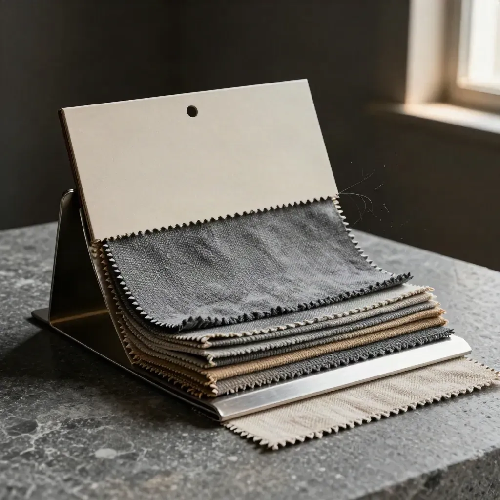Retail textile swatches, display bracket and packaging mockup on stone under dramatic studio light.