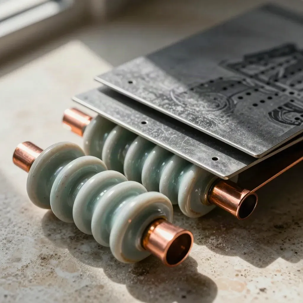 Macro still life of ceramic insulators, copper busbar offcuts and a perforated metal plate on stone.