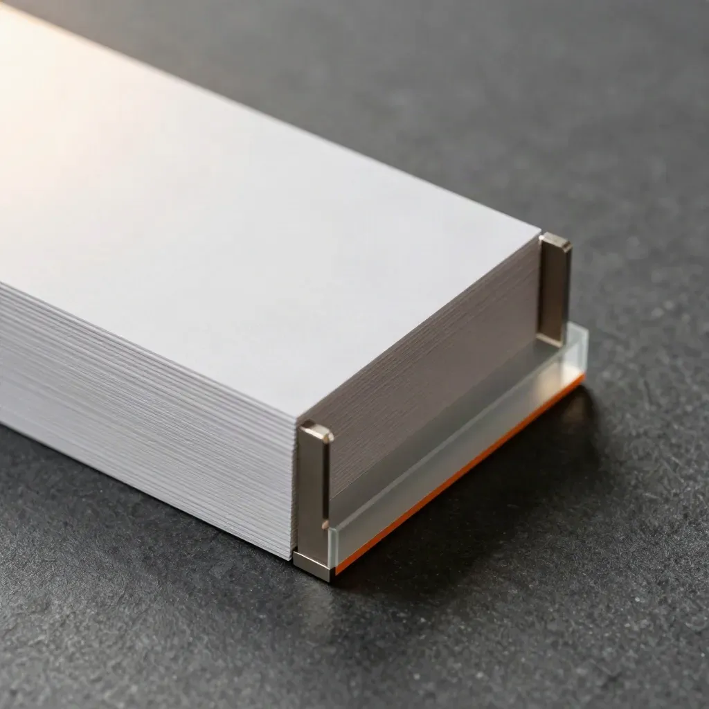 Aluminium corner blocks clamp a blank card stack with frosted acrylic on graphite stone.