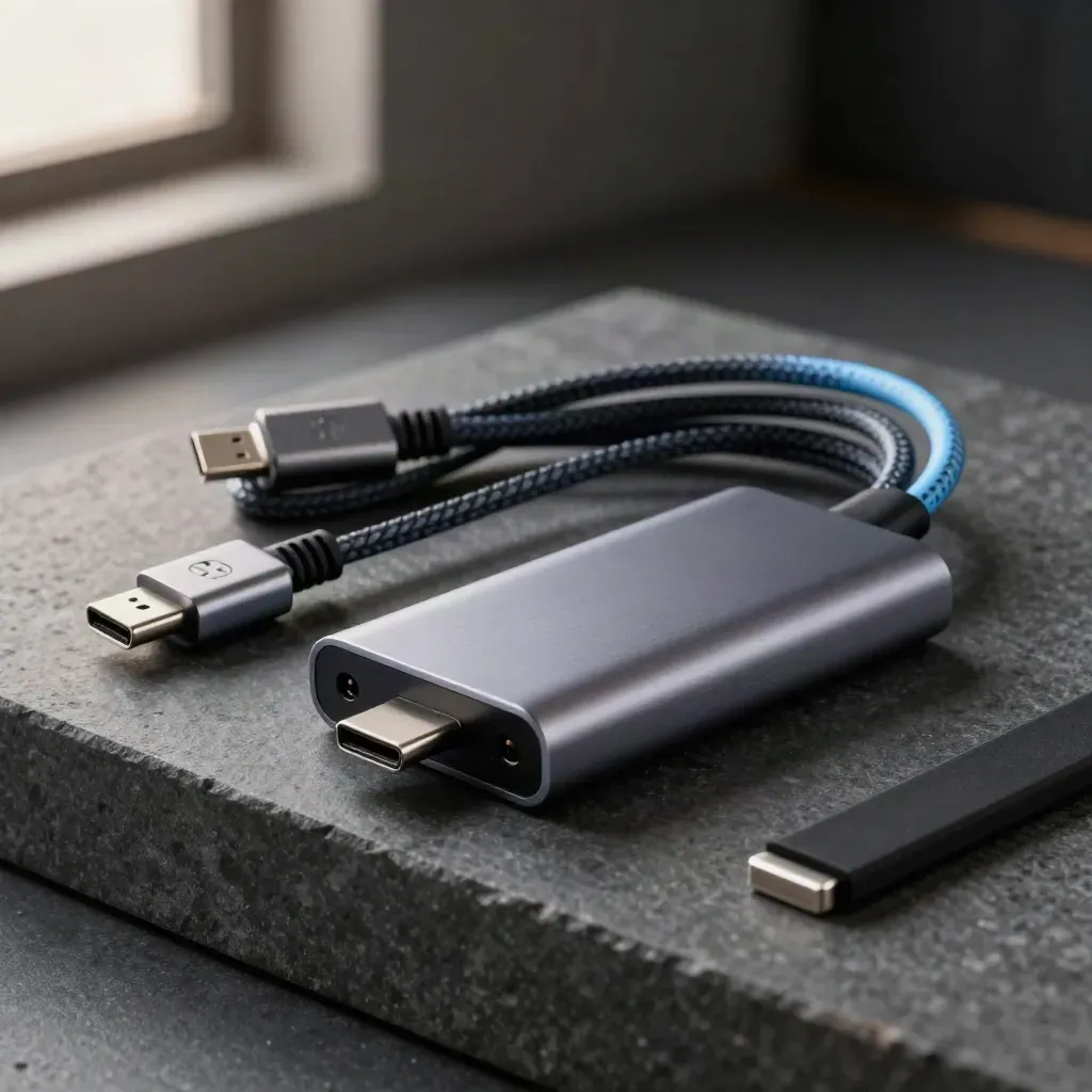 Machined enclosure, USB-C hub, and braided cables on a graphite stone plinth.