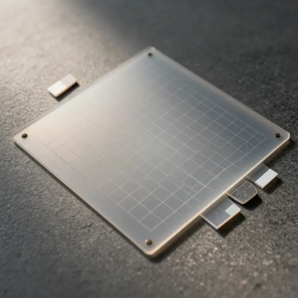 Macro still life of alignment sheet, spacing chips and grid plate on graphite stone.