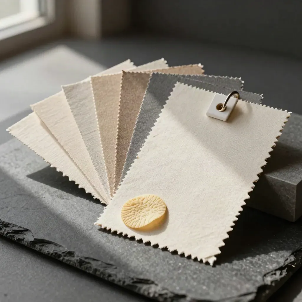 Swatch fan, embossed chip and embossing block on charcoal stone in soft daylight.