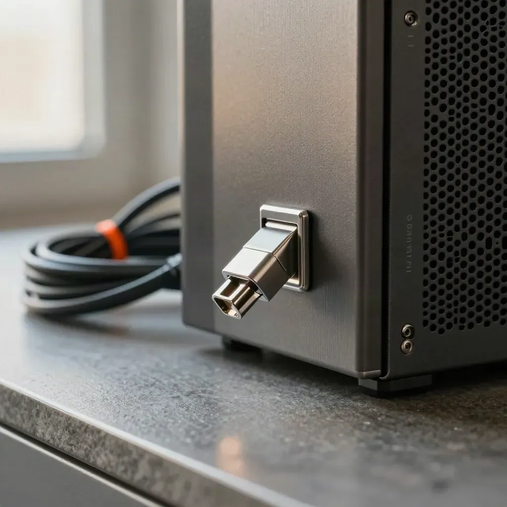 Macro of a server caddy, patch plug, and braided cables on a stone surface.