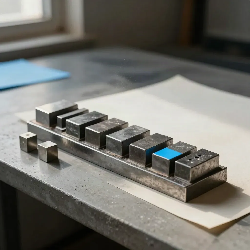 Type blocks, proof sheets, and a spacer block on a grey composing bench in dramatic studio light.