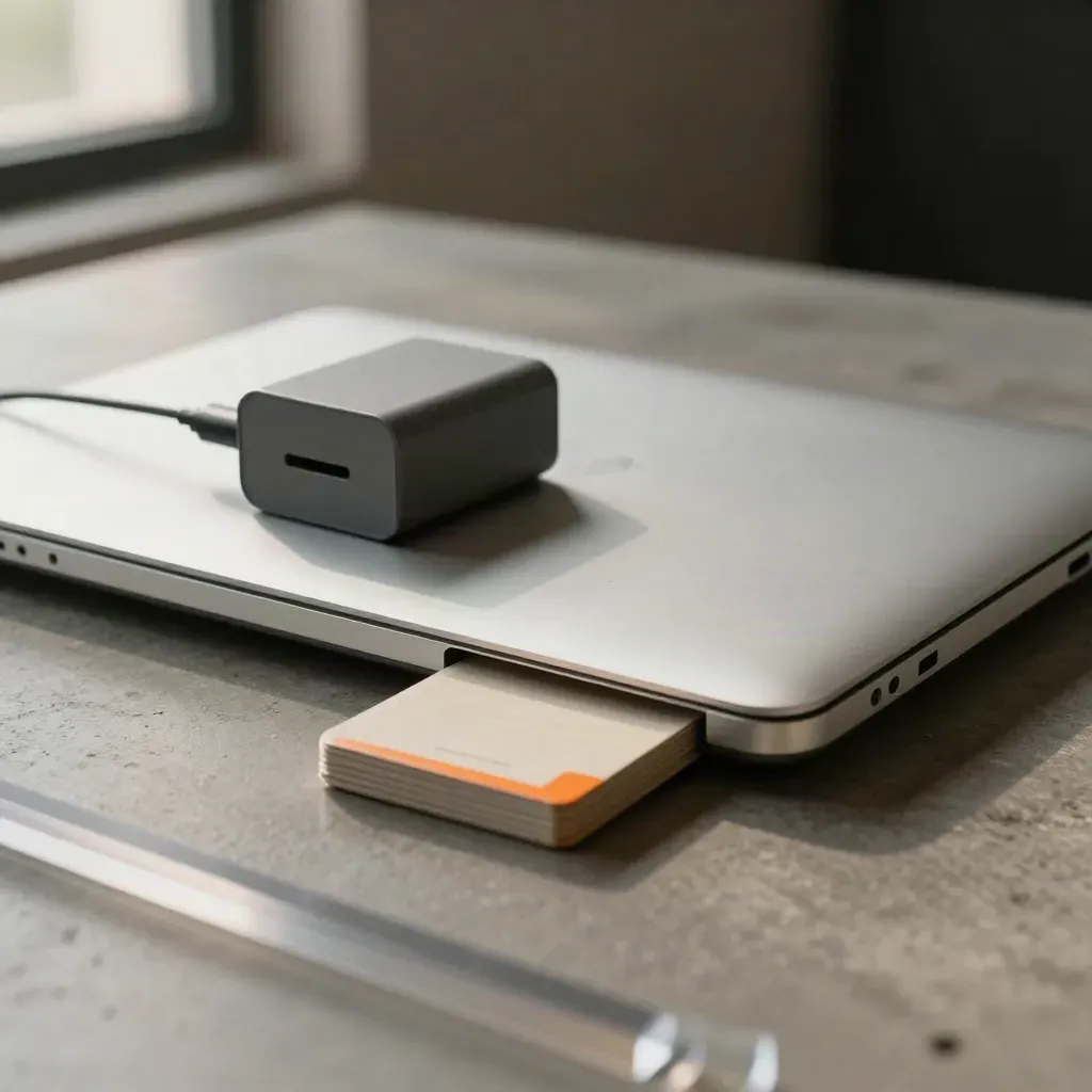 Closed laptop, charger brick and prototype card stack on concrete, seen through frosted acrylic.