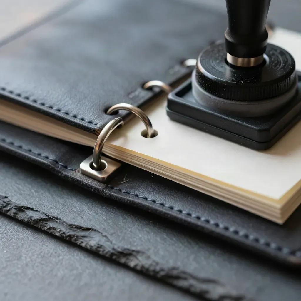 Charcoal document wallet, binder rings, cable dock and stamp pad on slate stone