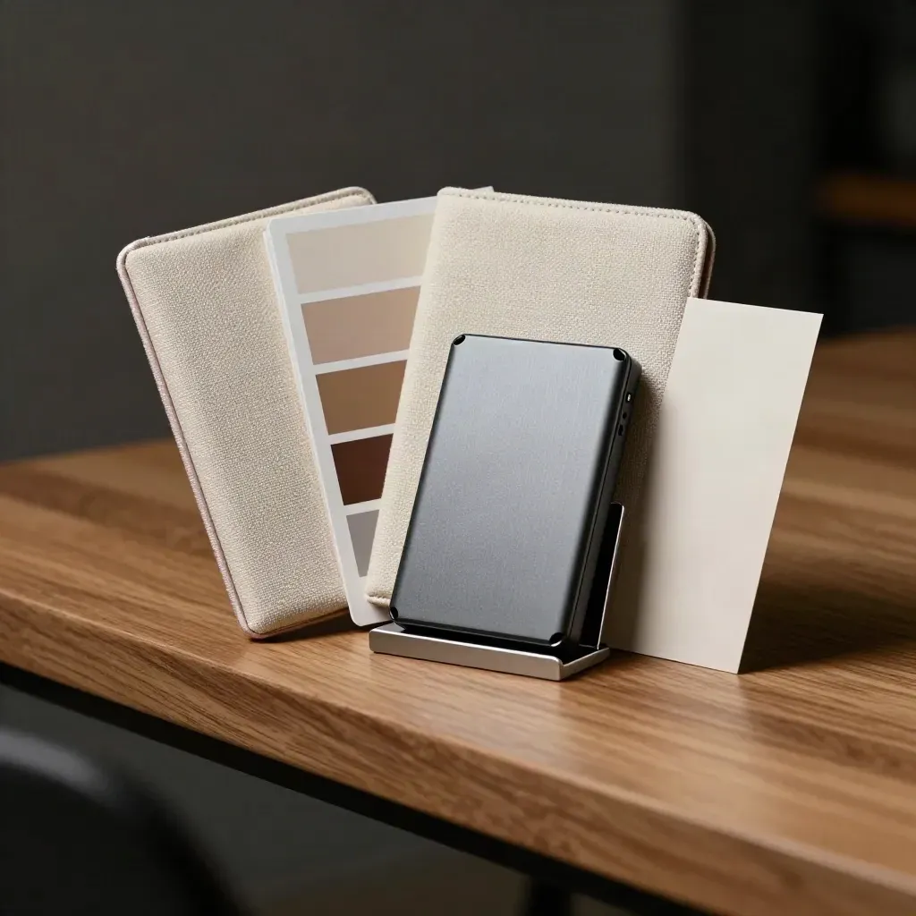 Proof deck cases, SSD, colour swatches and aluminium stand on a honey-oak bench in dramatic studio light.