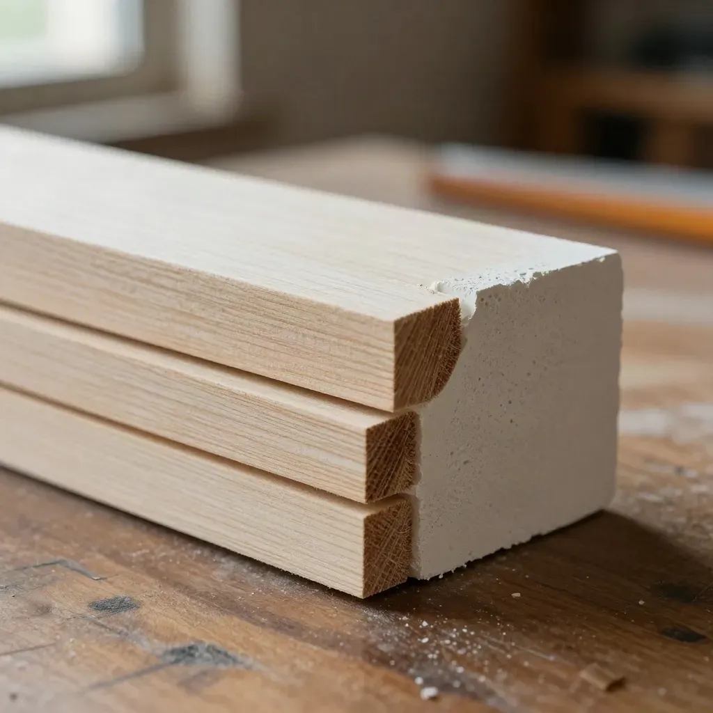 Macro of basswood scale strips and a plaster cube on a modelmaker’s bench, softly lit