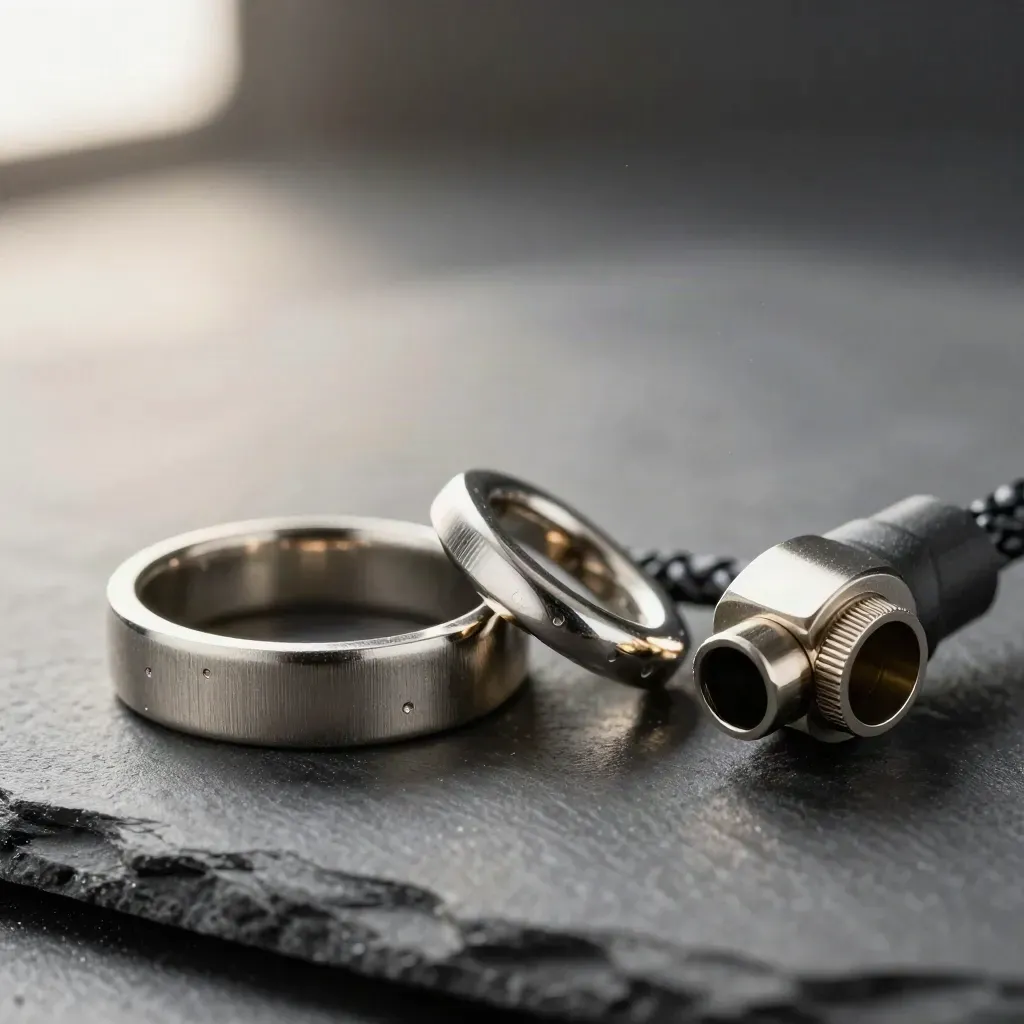 Macro of linked steel rings, a braided cable loop and a precision connector on a charcoal stone surface.