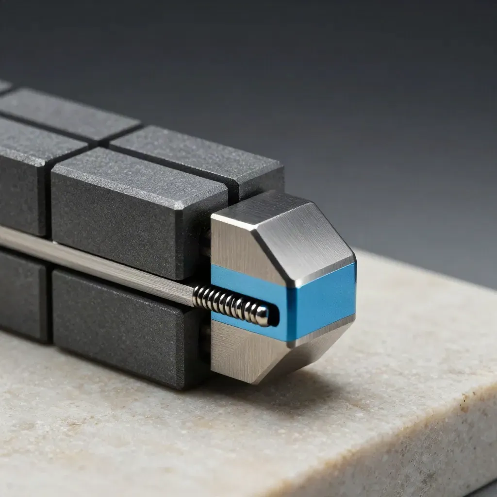 Machined graphite blocks locking with a spring pin on a stone surface under dramatic light