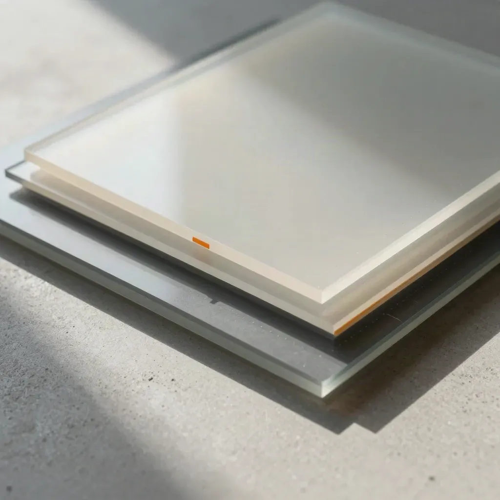 Translucent acrylic planes with registration dots and orange spacer on concrete