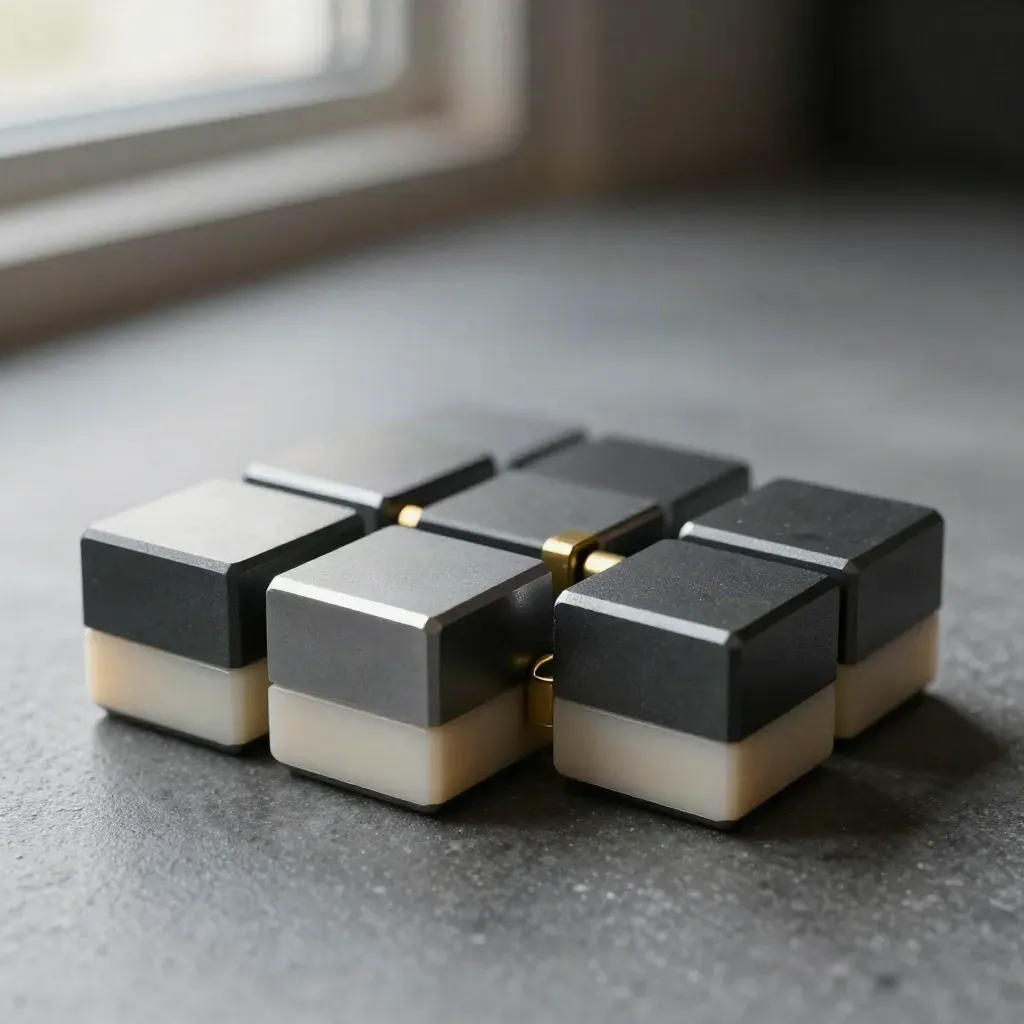 Graphite cubes, ivory spacers, and brass connector on matte stone, macro still life.