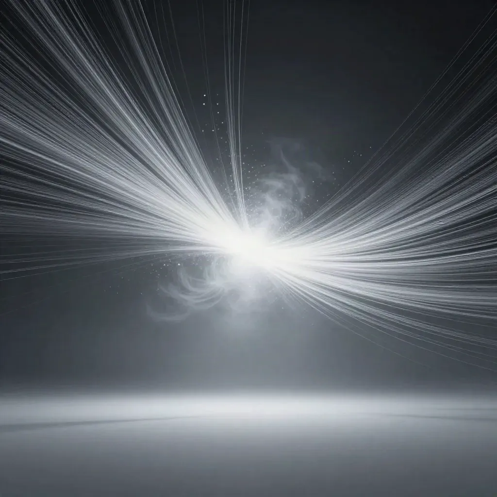 Silver light filaments bloom in dark graphite haze, leaving calm copy space.